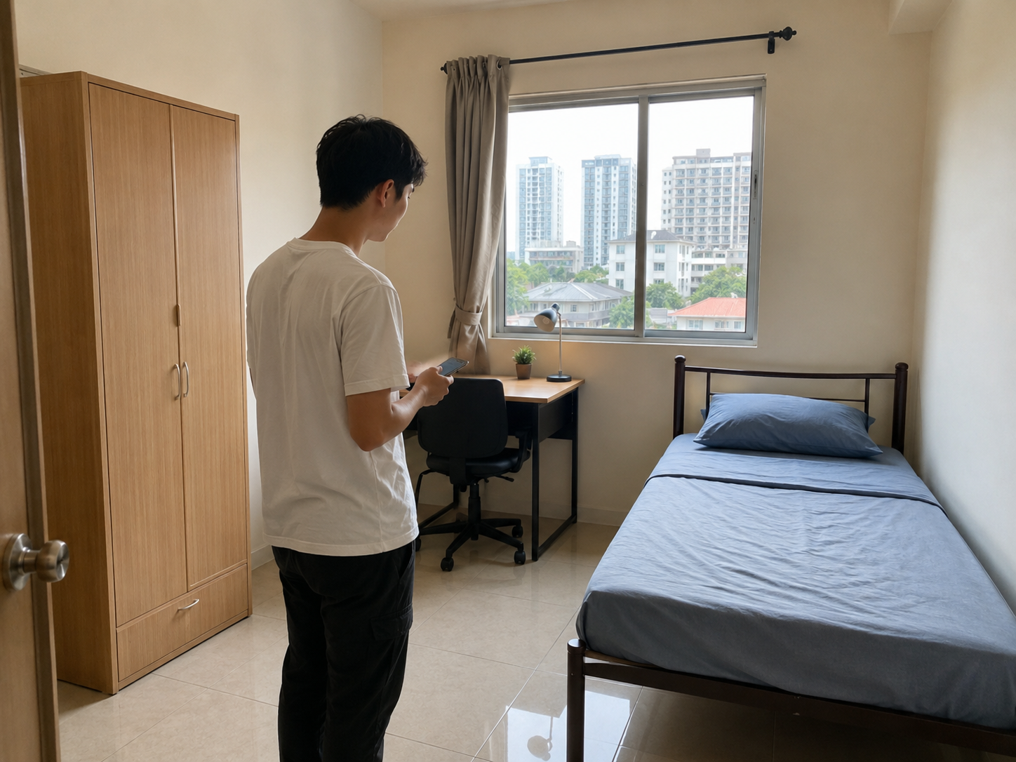 Student checking furnished room